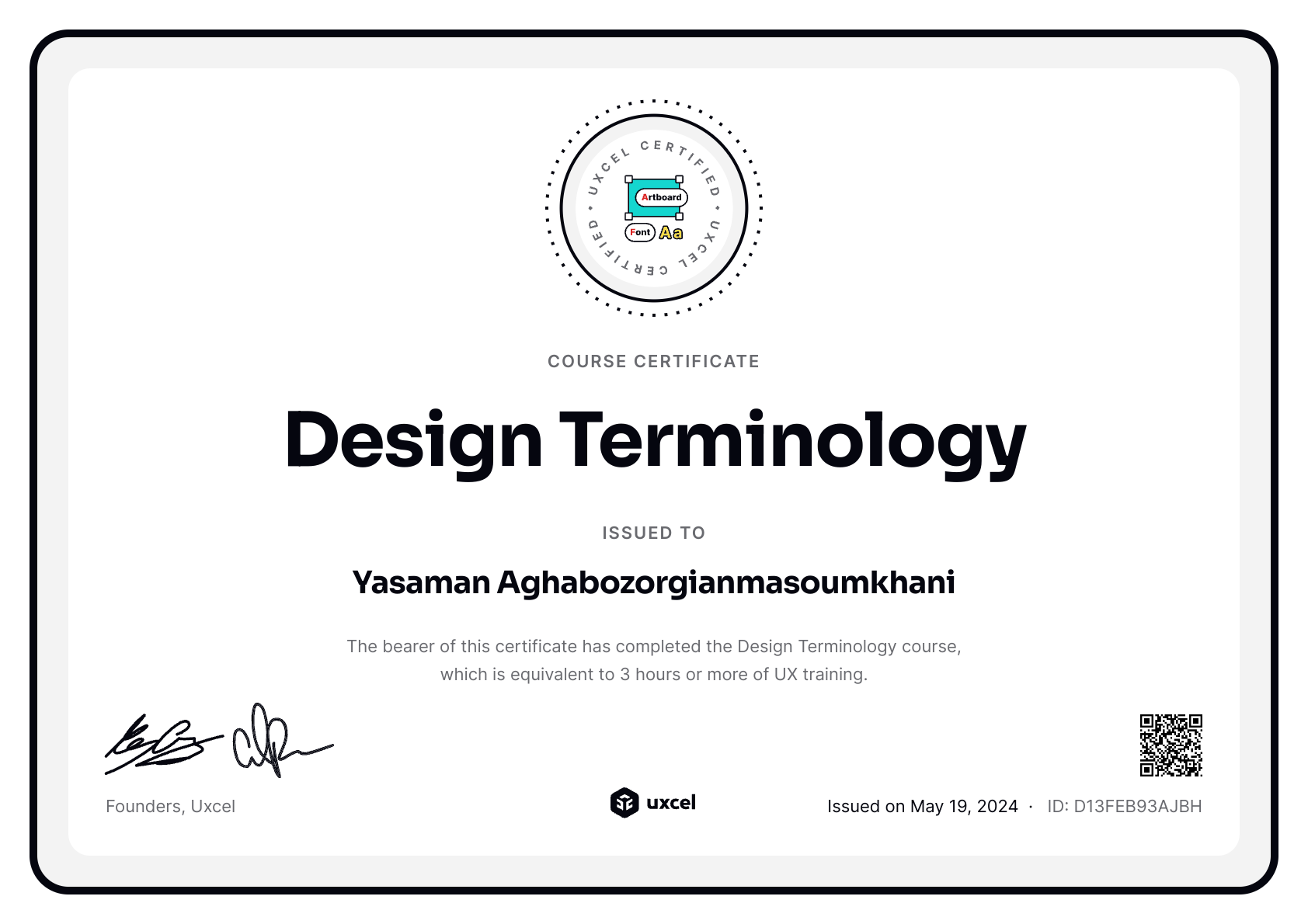 Yasaman Aghabozorgianmasoumkhani's certificate